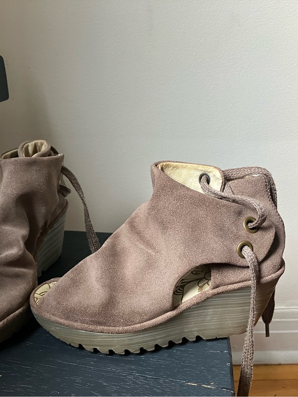 Fly London Taupe Suede Peep-Toe Wedge Ankle Booties - Picture 2 of 3